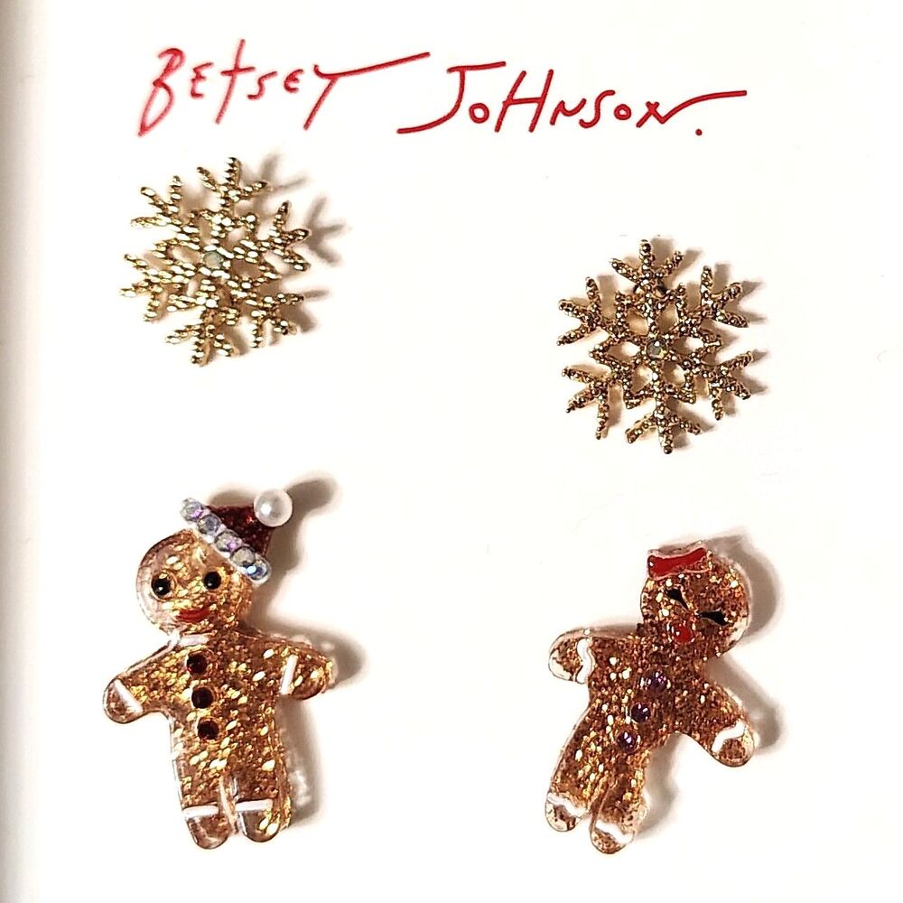 Betsey Johnson Gingerbread & Snowflake Earrings Set 2 Pairs Christmas Santa Hat